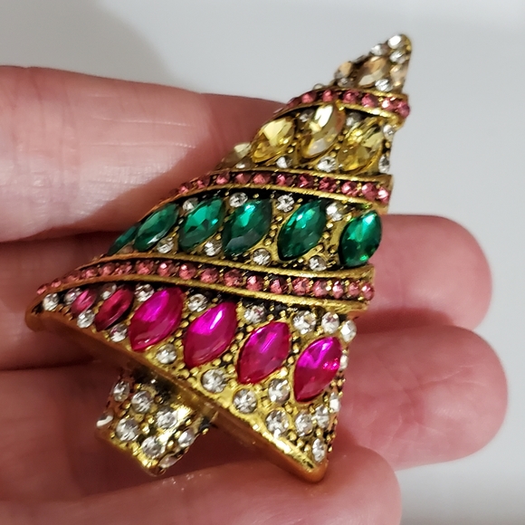 AMAZING Christmas tree brooch glass rhinestones marquis vintage style gold big - Picture 5 of 11